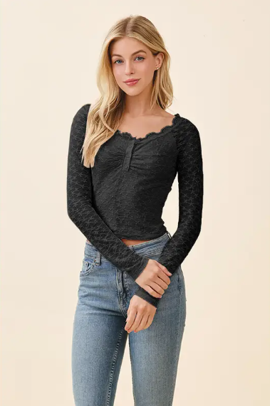 Scoop Neck Lace Trimmed Henley L/S Top
