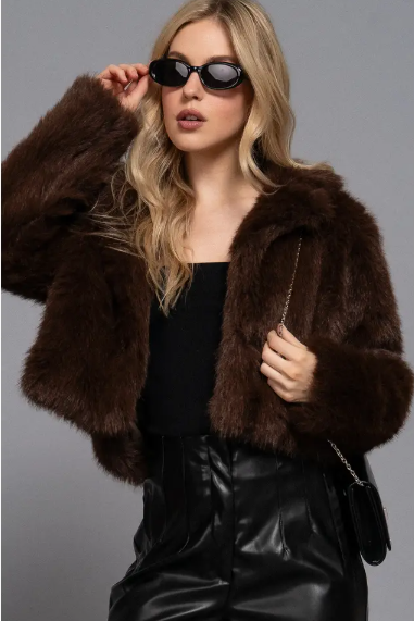 Notched Collar Faux Fur Crop Jacket
