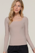 Long Sleeve Square Neck Double Layer Rib Knit Top