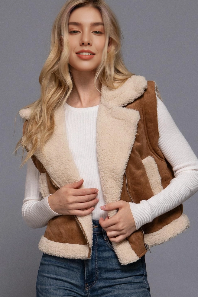Faux Suede Inner Fur Zip Up Vest