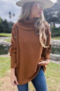Cognac Lace-Up Sleeve Turtleneck Knit Pullover Top