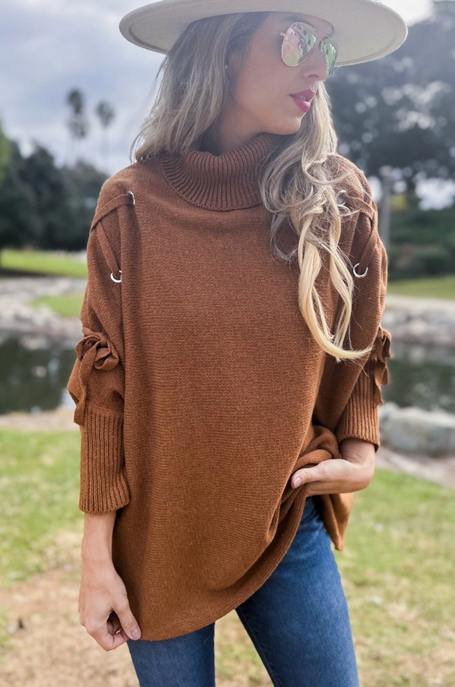 Cognac Lace-Up Sleeve Turtleneck Knit Pullover Top